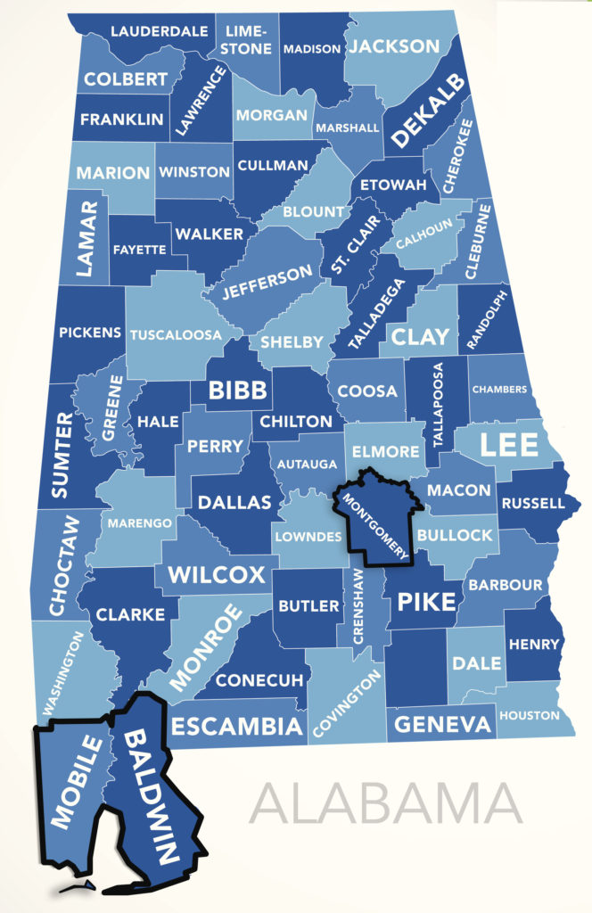 map showing the counties we service in Alabama