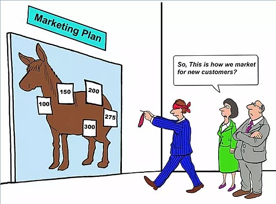 Cartoon of Man pinning the tail on a Donkey for Marketing Leads